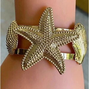 Beach Seashell Starfish Tropical Ocean Gold Tone Cuff Bracelet Bangle NEW
